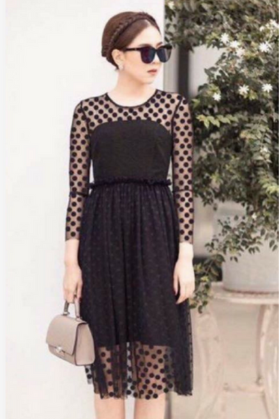 Đầm Xòe Lưới Chấm Bi