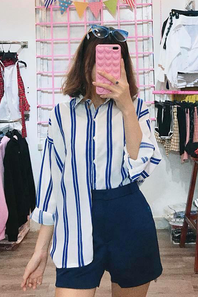 Áo sơ mi nữ kẻ sọc xanh trắng